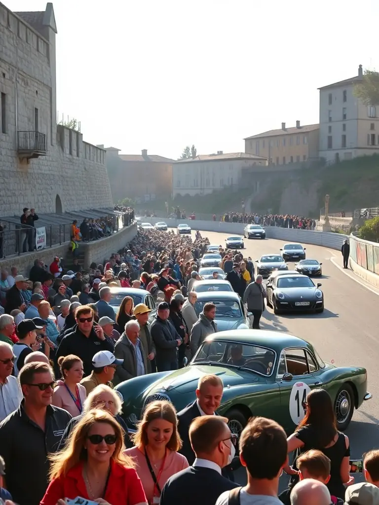 A crowd of spectators enjoying the atmosphere at the CIRCUITS DES REMPARTS D'ANGOULEME, with vintage cars and historical buildings in the background.