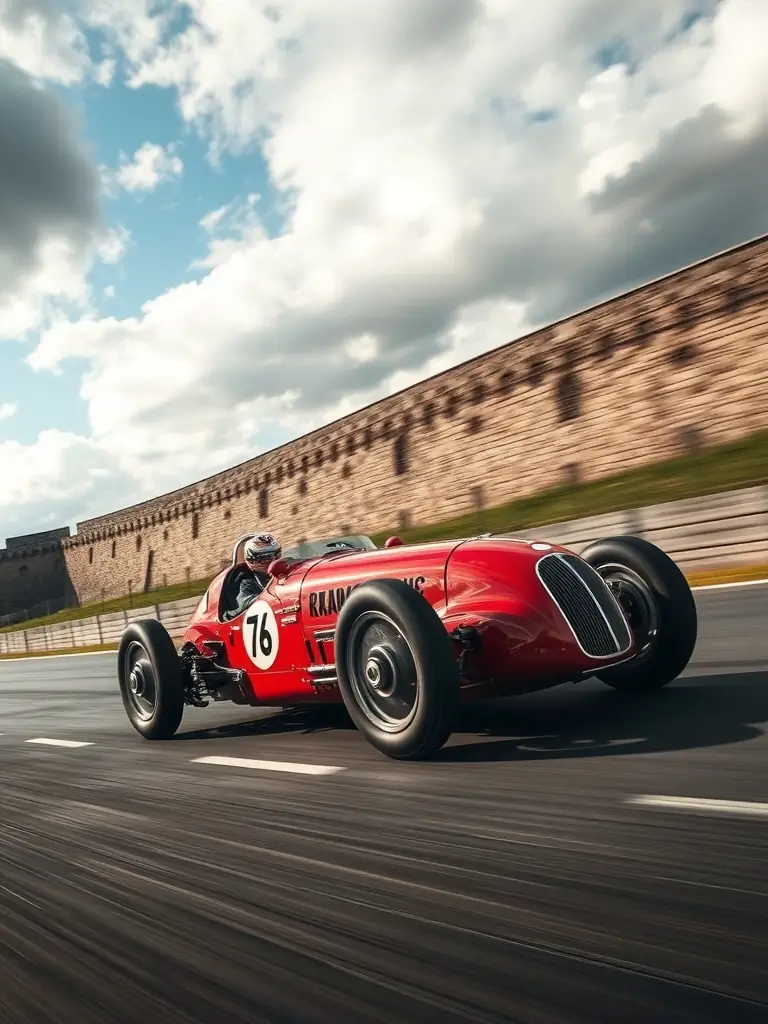 A vintage race car speeding around the historic CIRCUITS DES REMPARTS D'ANGOULEME track during the 2024 event, capturing the excitement and speed of the race.