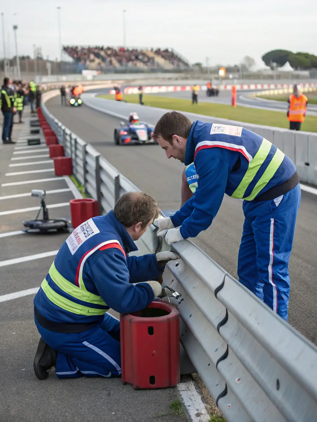 A photograph of volunteers working together to prepare the circuit for an upcoming event, highlighting the community involvement in Circuits des Remparts.