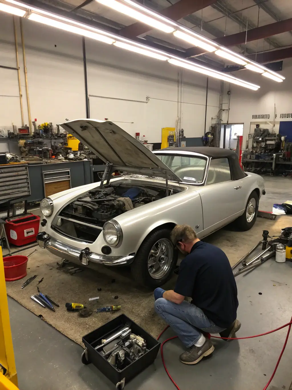 A workshop session at CIRCUITS DES REMPARTS D'ANGOULEME where participants are learning about classic car restoration techniques from expert mechanics.